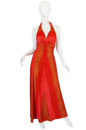 1960s DeWeese Coral and Red Halter Maxi Dress