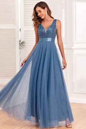 A-Line V-Neck Blue Prom Dress