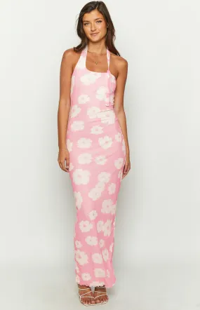 Aimee Pink Floral Maxi Halter Dress