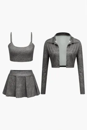 Crop Cami Top And Pleated Mini Skirt Set And Shirt Three-Piece Set