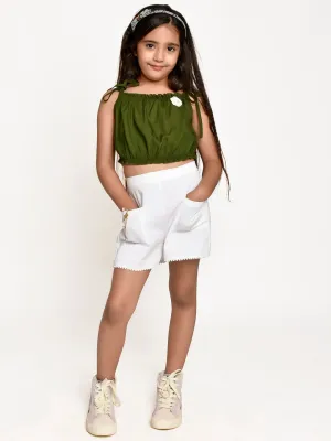 Green Flower embellished Top with  White Shorts