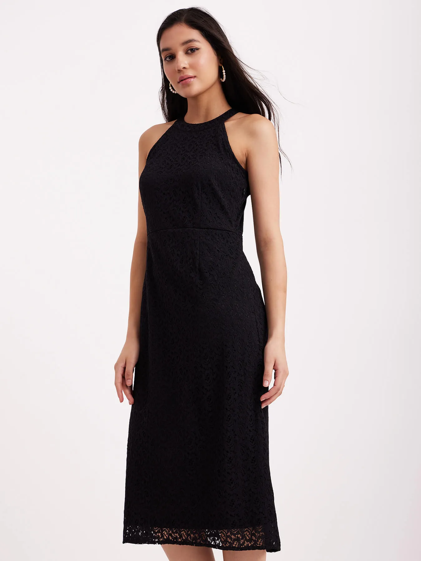 Halter Neck Lace Dress - Black