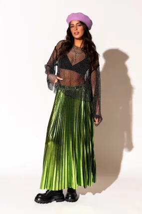 Metallic Pleated Midi Skirt in Electric Lime