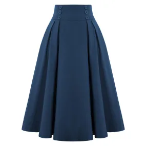 Pleated Buttons Decorated Elastic Waist High Waist Swing A-Line Skirt with Pocket