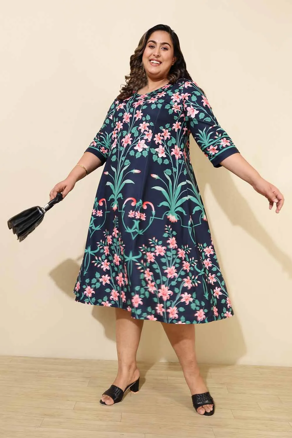 Plus Size Blue Green Floral A Line Dress